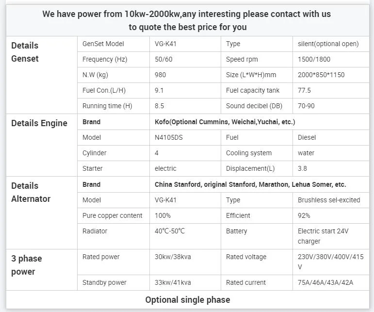 40kVA 30kw Portable Diesel Electric Generator Set for Cold Storage 50kw 100kVA Generator